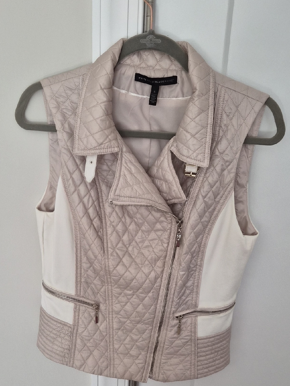White House Black Market Quilted Sleeveless Moto Vest - Light Beige